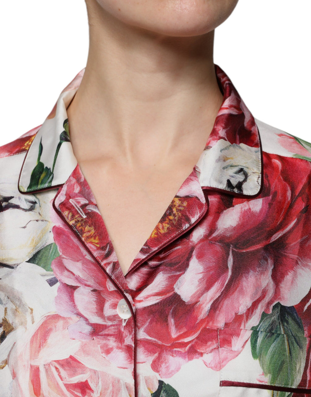 Weiße Peony Seide Langarmbluse mit Kragen