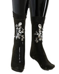 Schwarze elastische Socken mit Blumen und klaren Kristallen