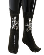 Schwarze elastische Socken mit Blumen und klaren Kristallen