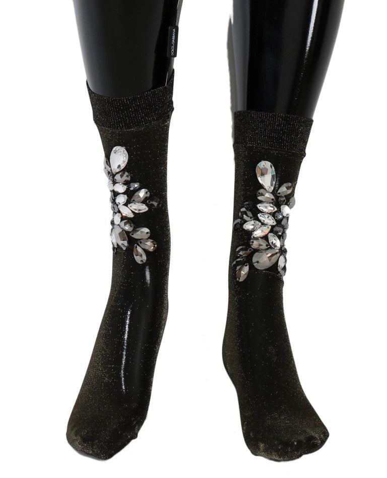 Schwarze elastische Socken mit Blumen und klaren Kristallen