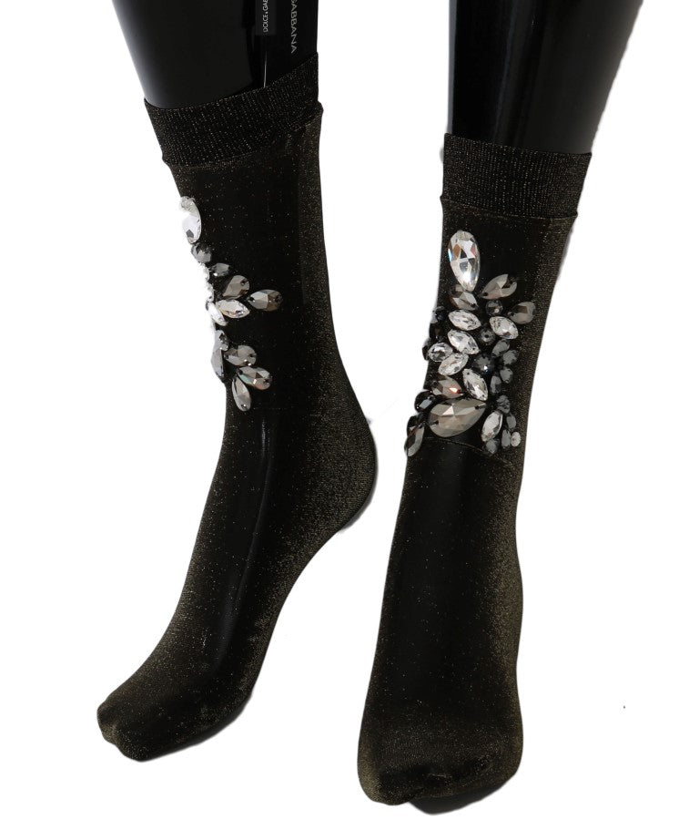 Schwarze elastische Socken mit Blumen und klaren Kristallen