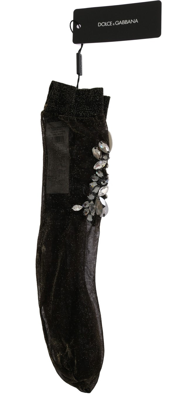 Schwarze elastische Socken mit Blumen und klaren Kristallen