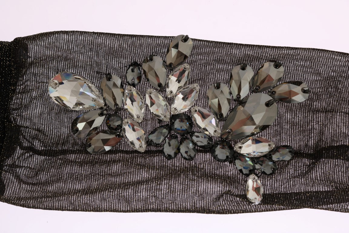 Schwarze elastische Socken mit Blumen und klaren Kristallen