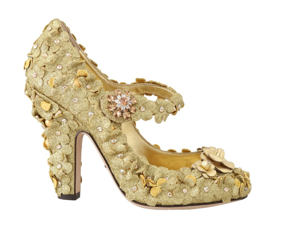 Goldene Mary Janes Pumps mit Blumen und Kristallen