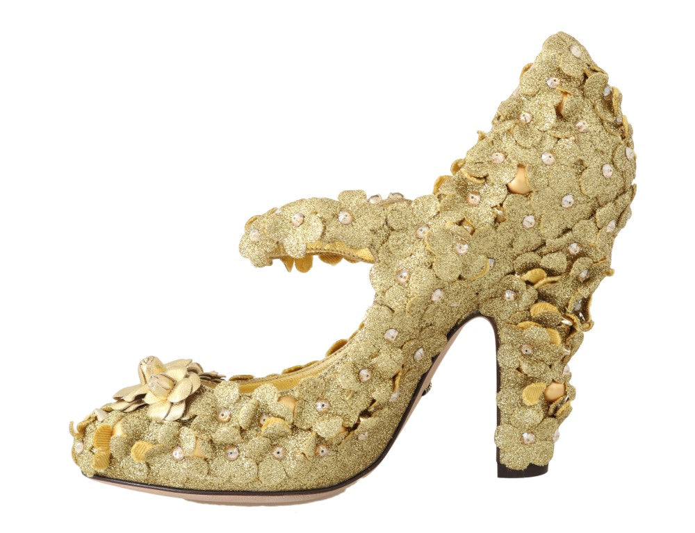 Goldene Mary Janes Pumps mit Blumen und Kristallen