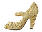 Goldene Mary Janes Pumps mit Blumen und Kristallen