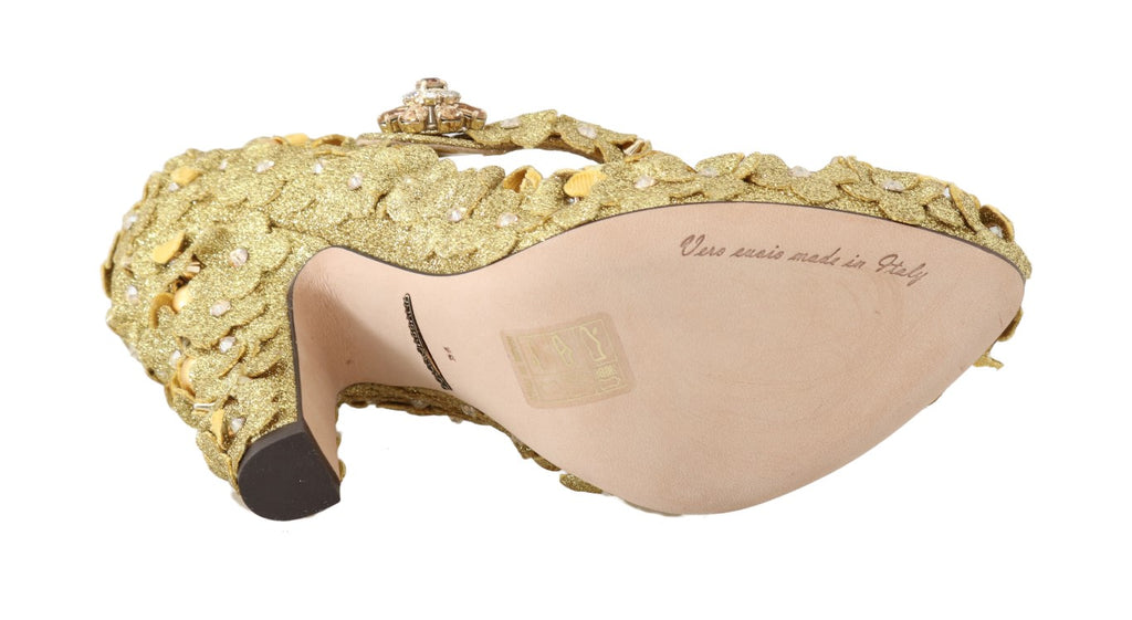 Goldene Mary Janes Pumps mit Blumen und Kristallen