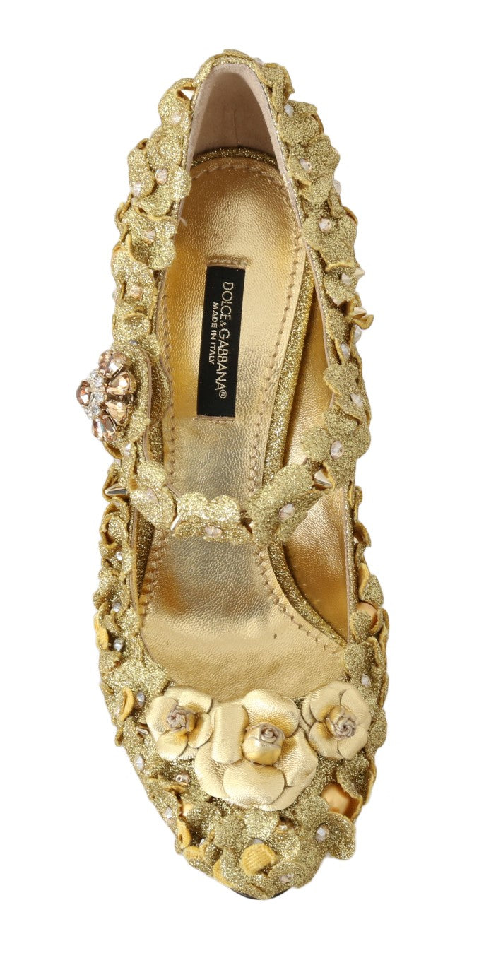 Goldene Mary Janes Pumps mit Blumen und Kristallen