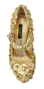 Goldene Mary Janes Pumps mit Blumen und Kristallen