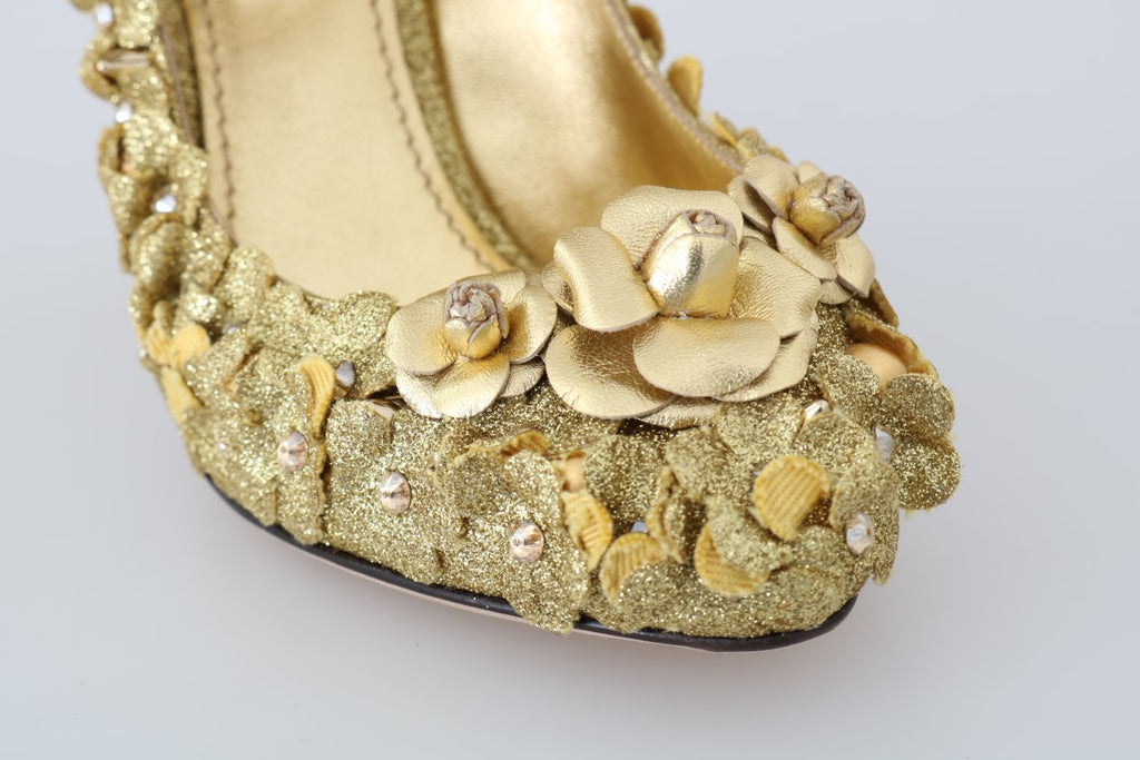 Goldene Mary Janes Pumps mit Blumen und Kristallen