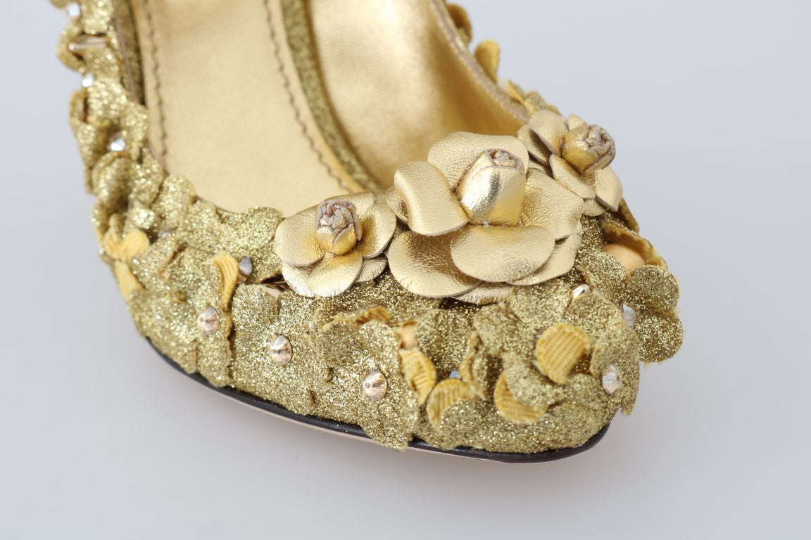 Goldene Mary Janes Pumps mit Blumen und Kristallen