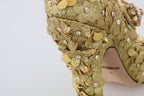Goldene Mary Janes Pumps mit Blumen und Kristallen