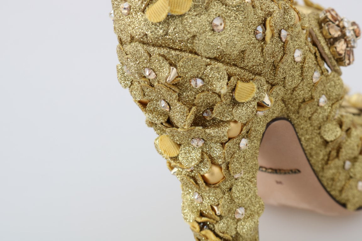 Goldene Mary Janes Pumps mit Blumen und Kristallen