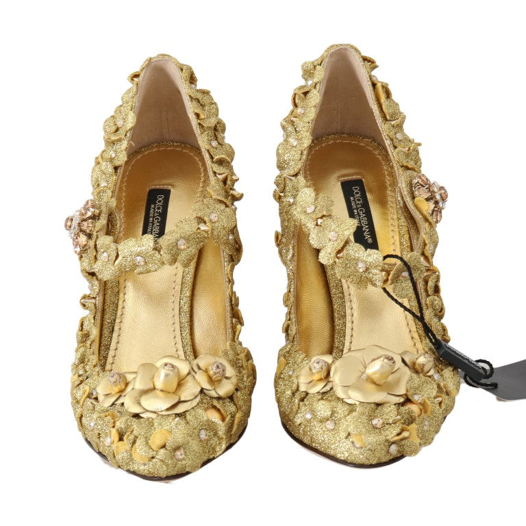 Goldene Mary Janes Pumps mit Blumen und Kristallen