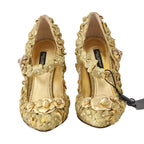 Goldene Mary Janes Pumps mit Blumen und Kristallen