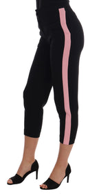 Schwarze Caprihose mit pinkfarbenen Streifen und Stretch-Anteil