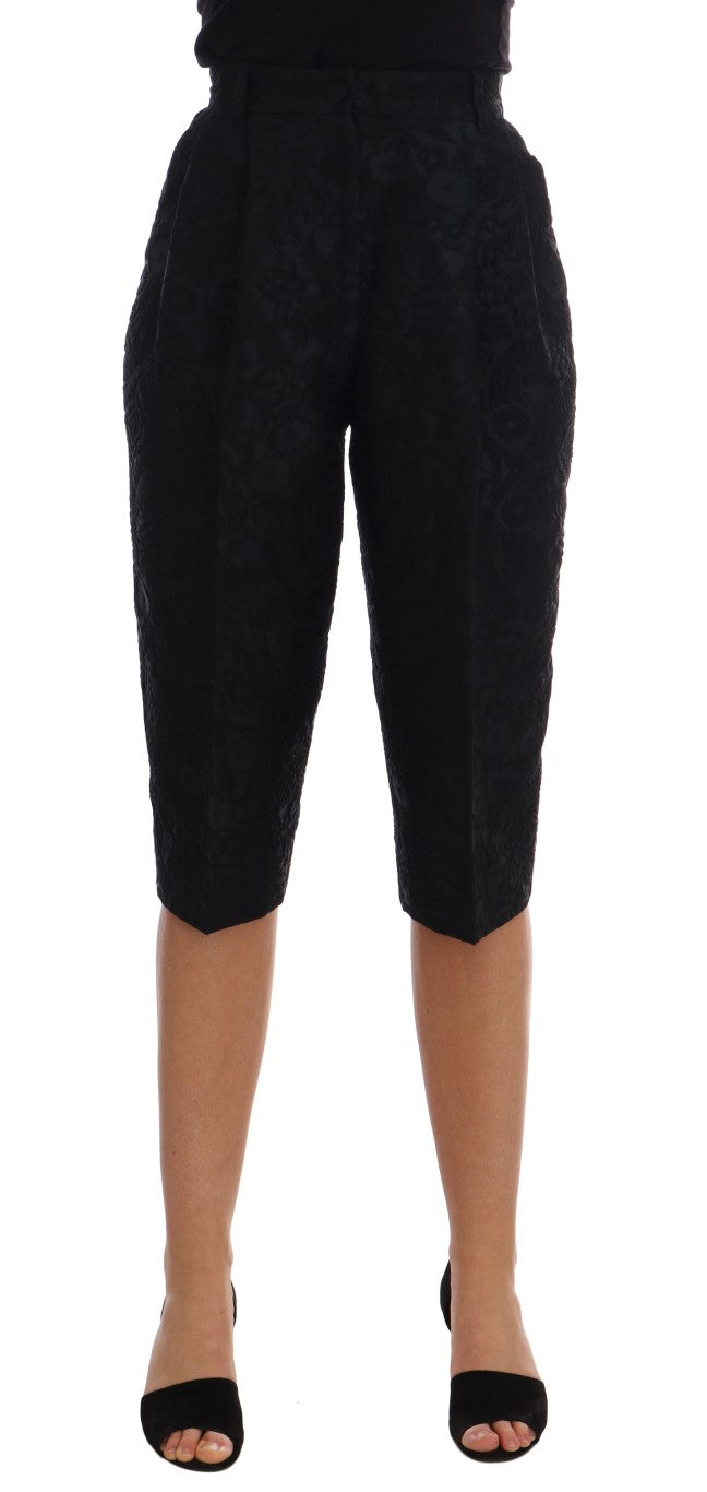 Schwarze Brokat Capri-Shorts mit hoher Taille