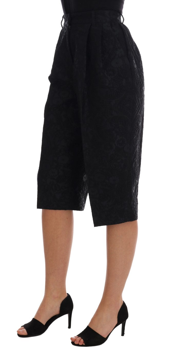 Schwarze Brokat Capri-Shorts mit hoher Taille