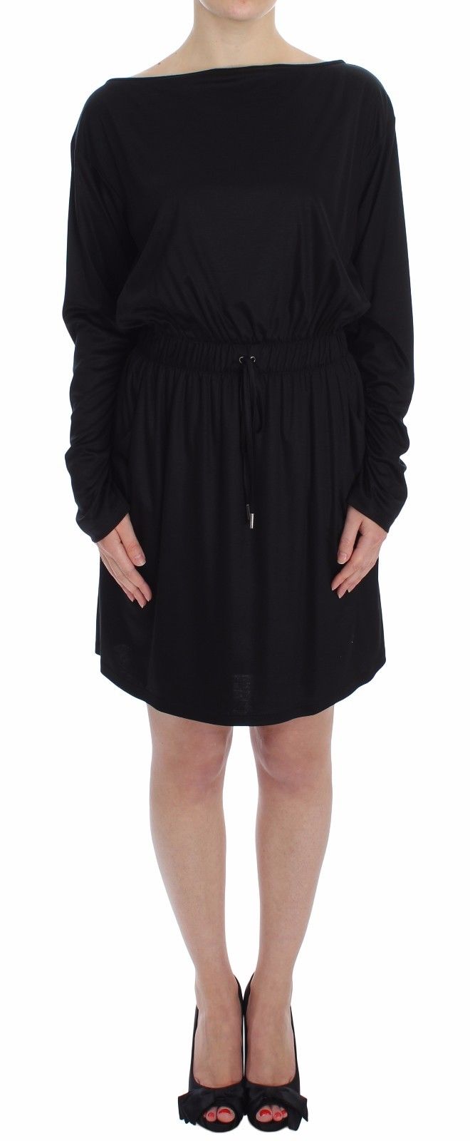 Schwarzes Modal-Seiden-Shiftkleid bis zum Knie
