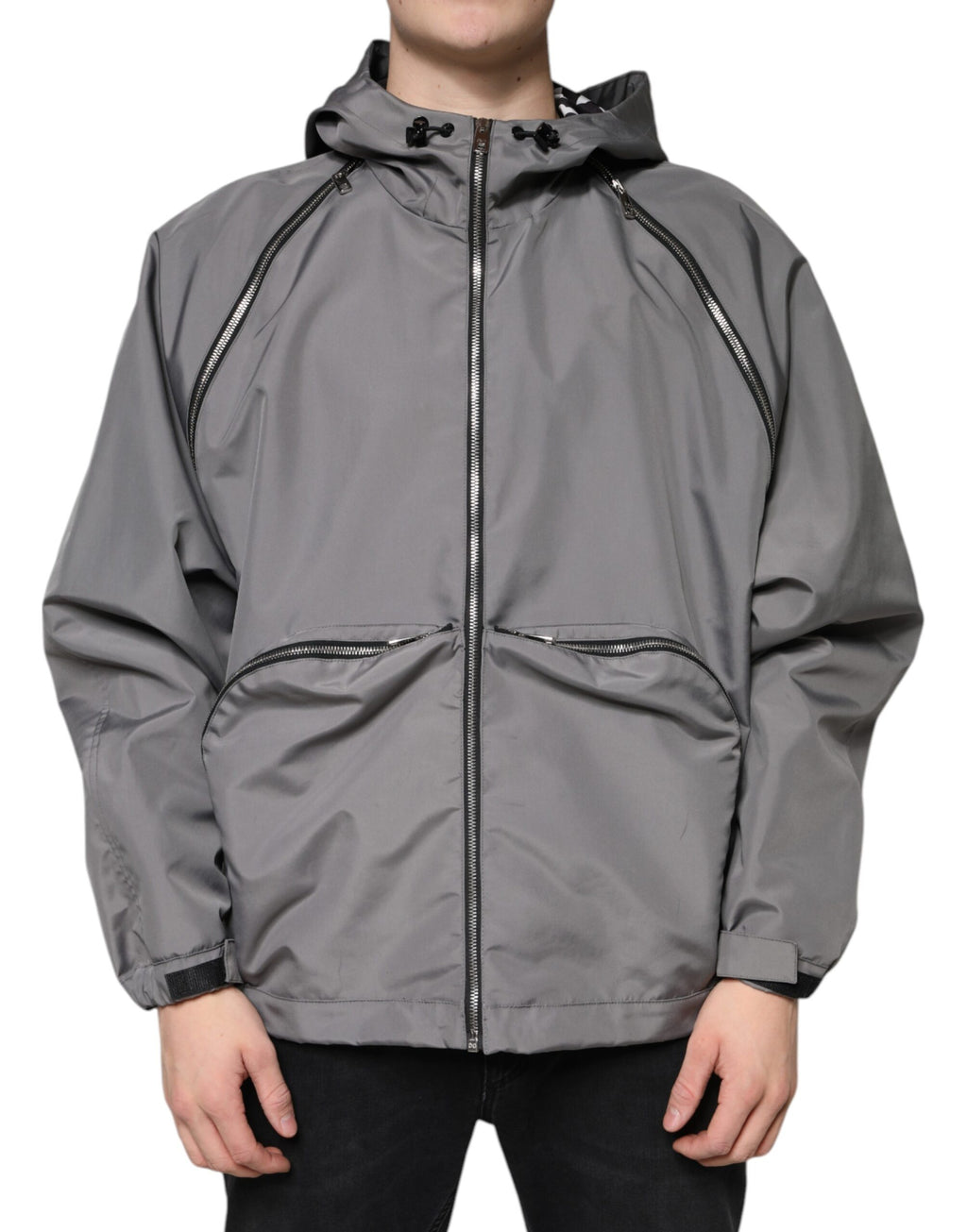 Gray Polyester Hooded Men's Full Zip Jacket