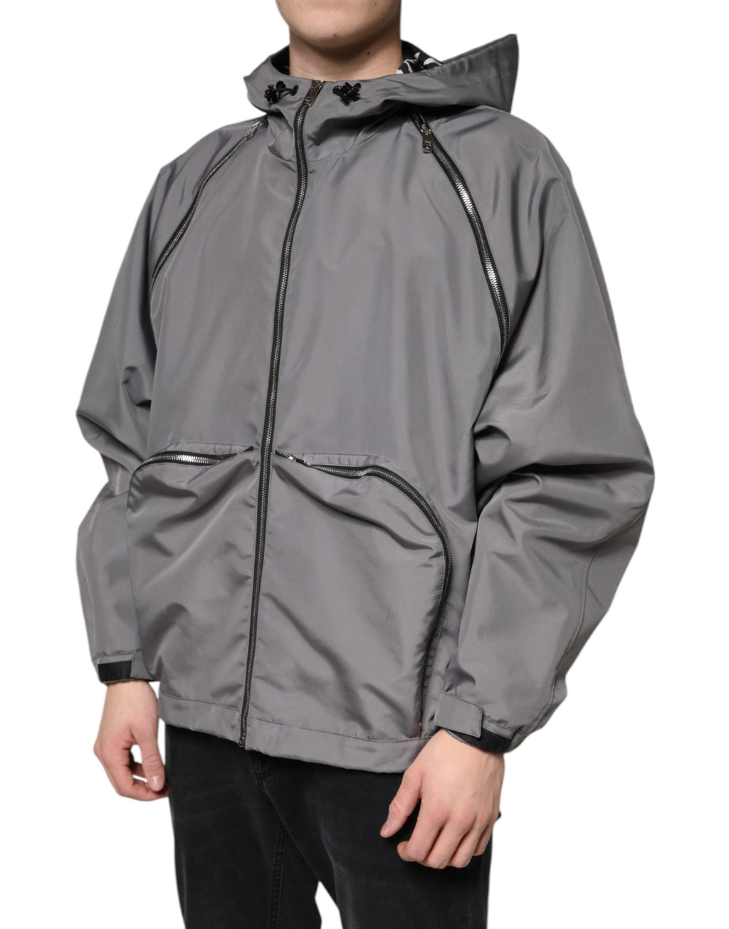 Gray Polyester Hooded Men's Full Zip Jacket