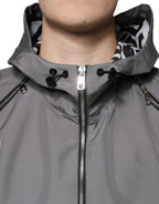 Gray Polyester Hooded Men's Full Zip Jacket