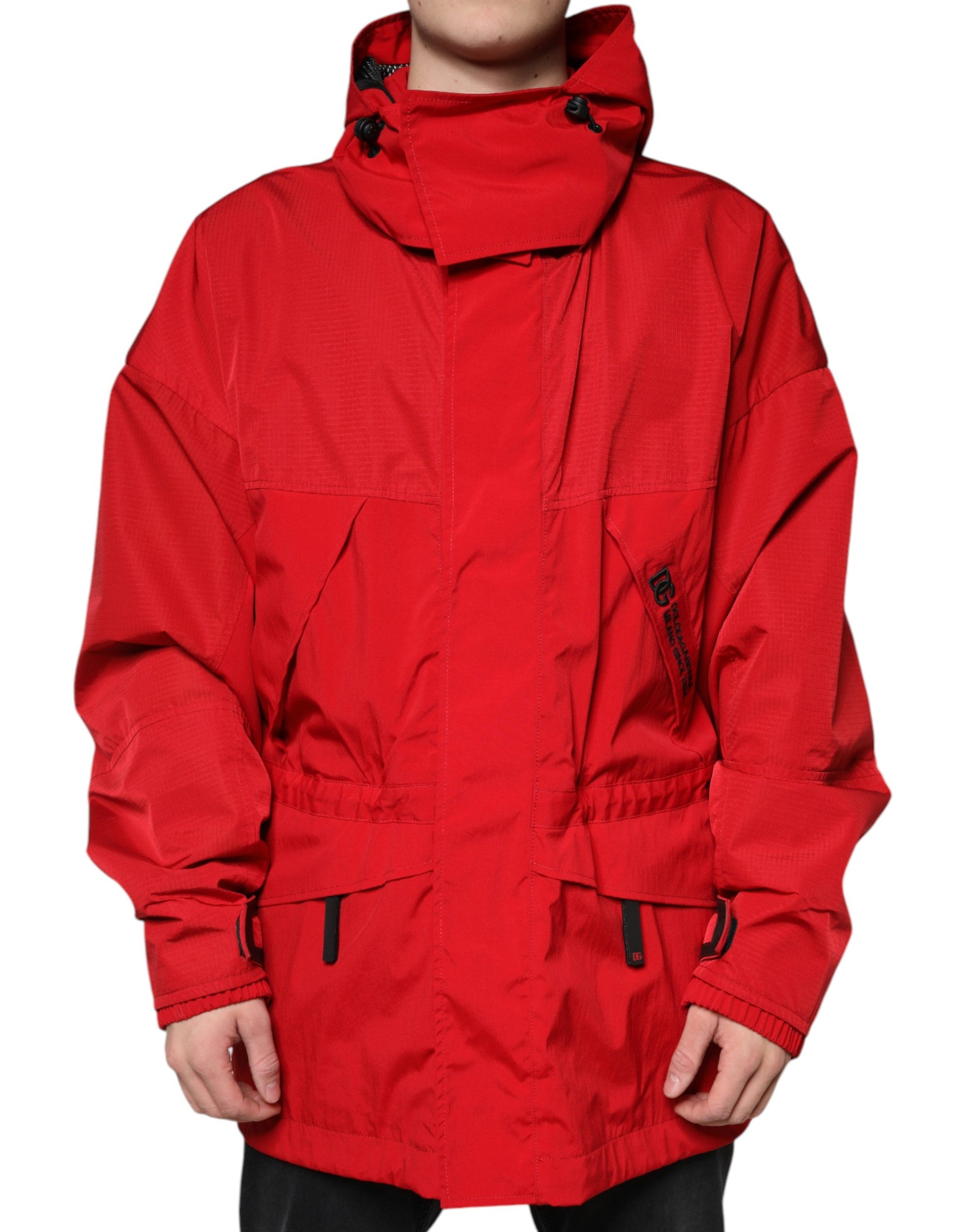 Red Nylon Hooded Men's Full Zip Parka Jacket