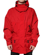 Red Nylon Hooded Men's Full Zip Parka Jacket