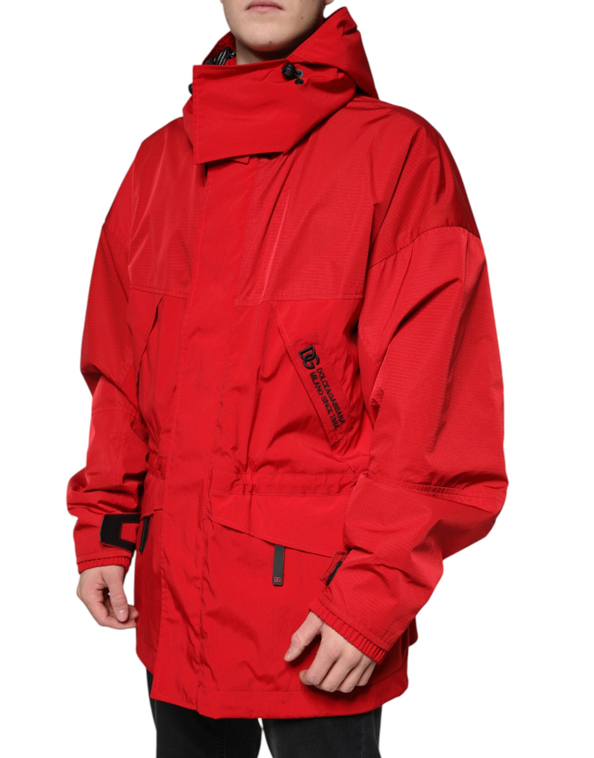 Red Nylon Hooded Men's Full Zip Parka Jacket