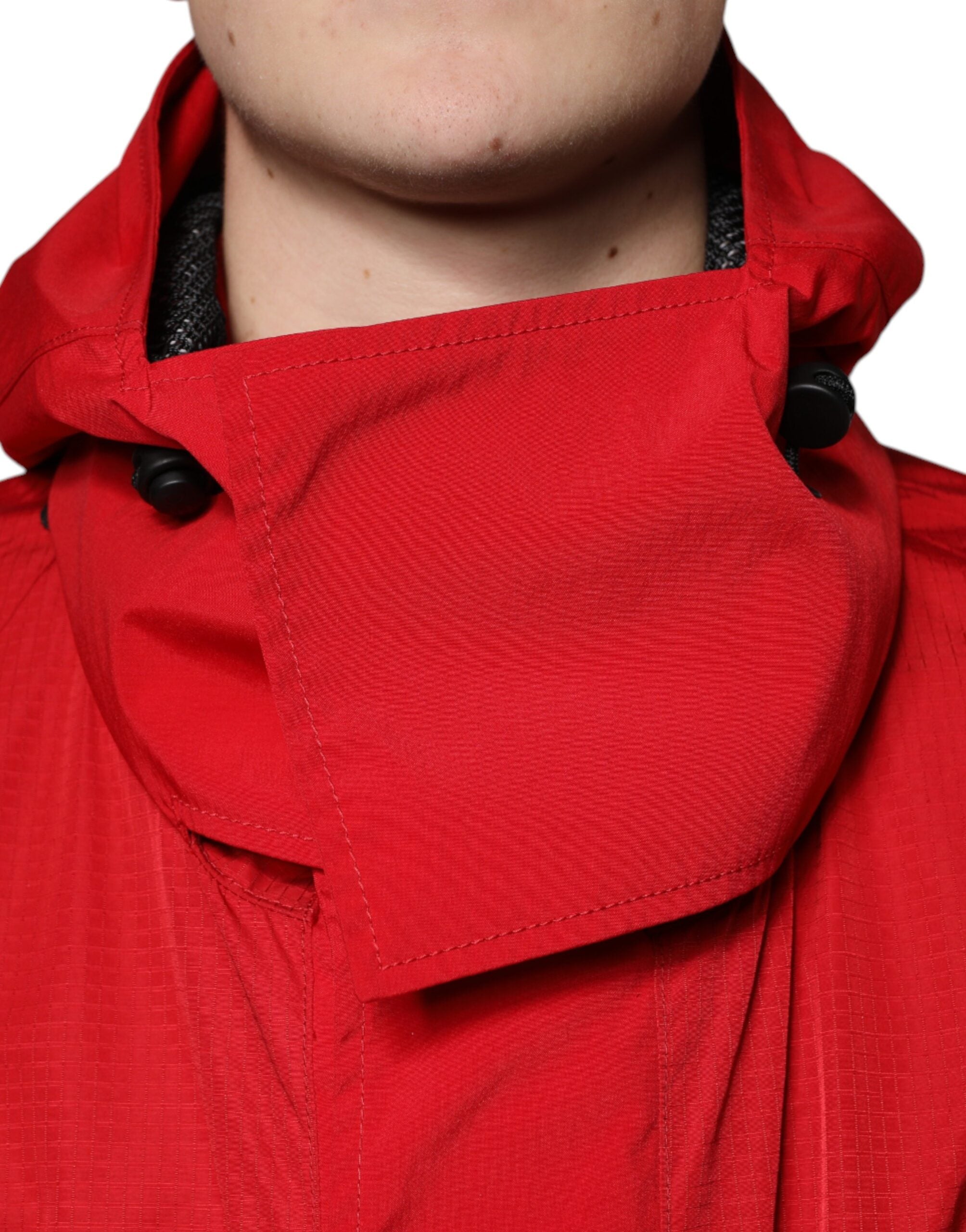 Red Nylon Hooded Men's Full Zip Parka Jacket