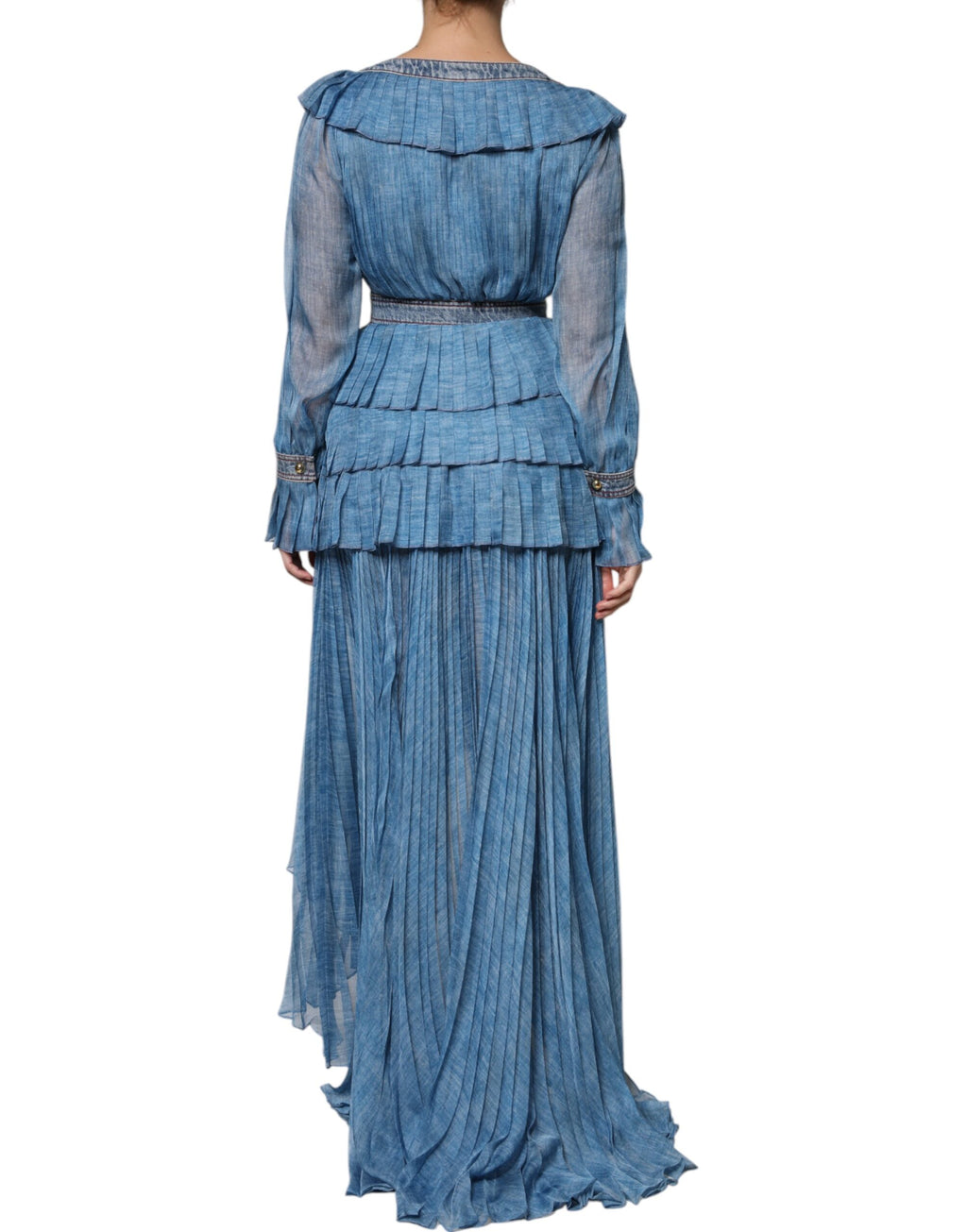 Vestito Lungo a Strati Blu a Maniche Lunghe