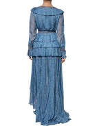 Vestito Lungo a Strati Blu a Maniche Lunghe