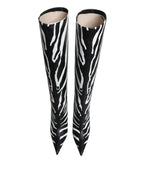Schwarze Weiße Zebra Absätze Overkneestiefel Schuhe