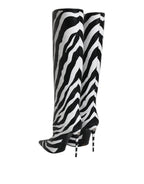 Schwarze Weiße Zebra Absätze Overkneestiefel Schuhe