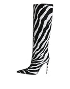 Schwarze Weiße Zebra Absätze Overkneestiefel Schuhe