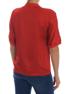 Rotseidene Bluse mit Blumen und Kristallen