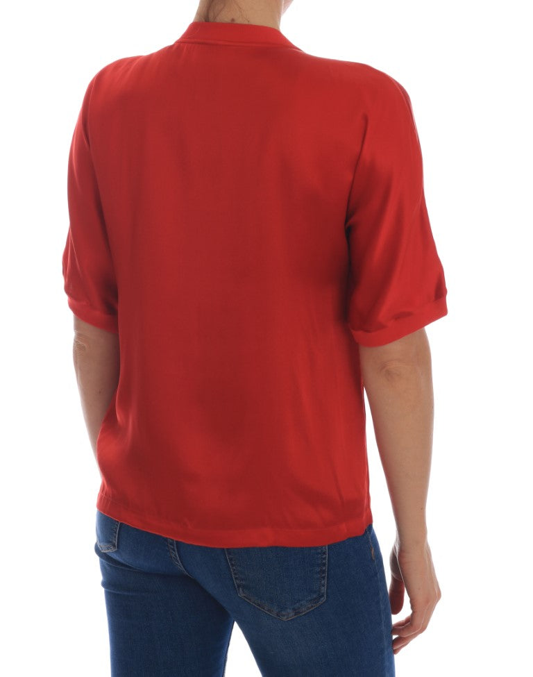 Rotseidene Bluse mit Blumen und Kristallen