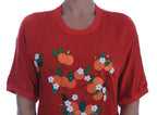 Rotseidene Bluse mit Blumen und Kristallen