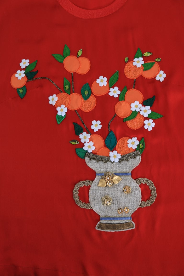 Rotseidene Bluse mit Blumen und Kristallen
