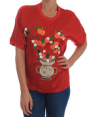Rotseidene Bluse mit Blumen und Kristallen