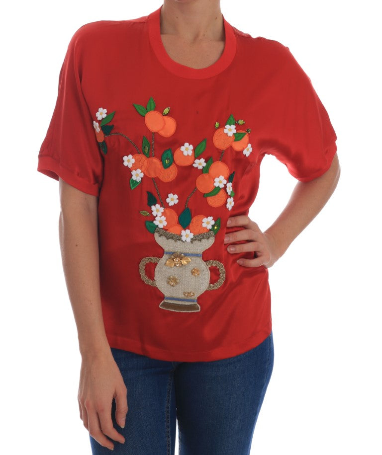 Rotseidene Bluse mit Blumen und Kristallen