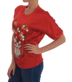 Rotseidene Bluse mit Blumen und Kristallen