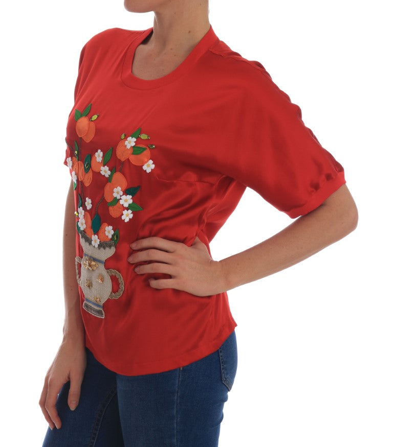 Rotseidene Bluse mit Blumen und Kristallen