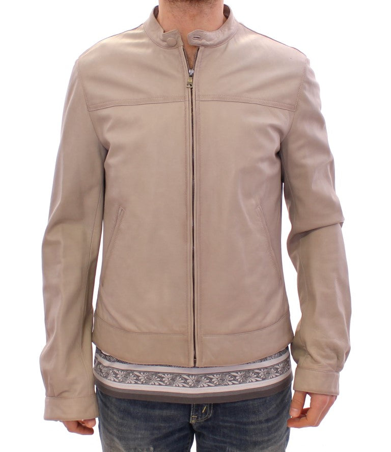 Beige Leather Biker Jacket