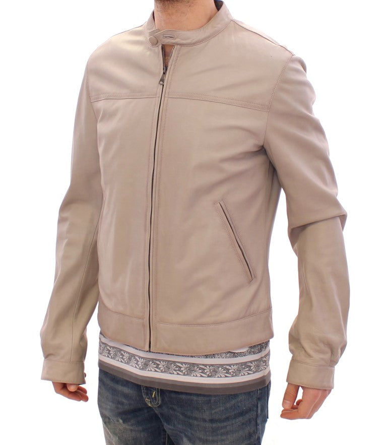 Beige Leather Biker Jacket