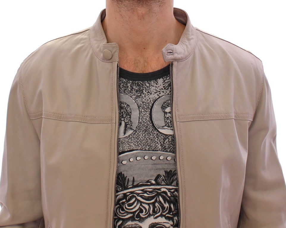 Beige Leather Biker Jacket