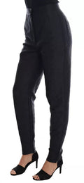 Hose aus schwarzem Blumenbrokat mit hoher Taille