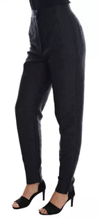 Hose aus schwarzem Blumenbrokat mit hoher Taille
