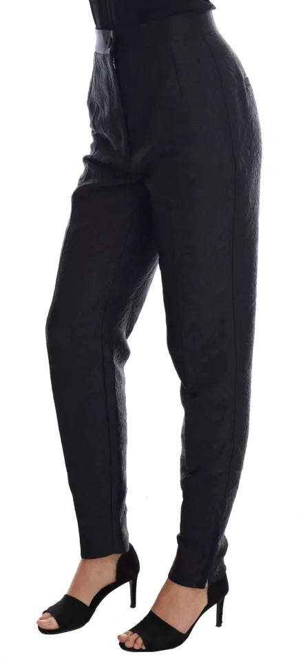 Hose aus schwarzem Blumenbrokat mit hoher Taille