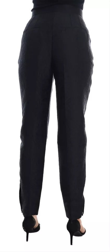 Hose aus schwarzem Blumenbrokat mit hoher Taille